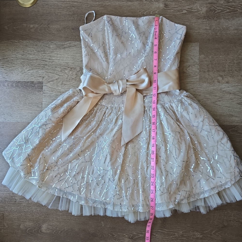 Vintage Jessica McClintock Champagne Sequin Belted Strapless Tulle Dress 9 Y2K - Picture 8 of 13